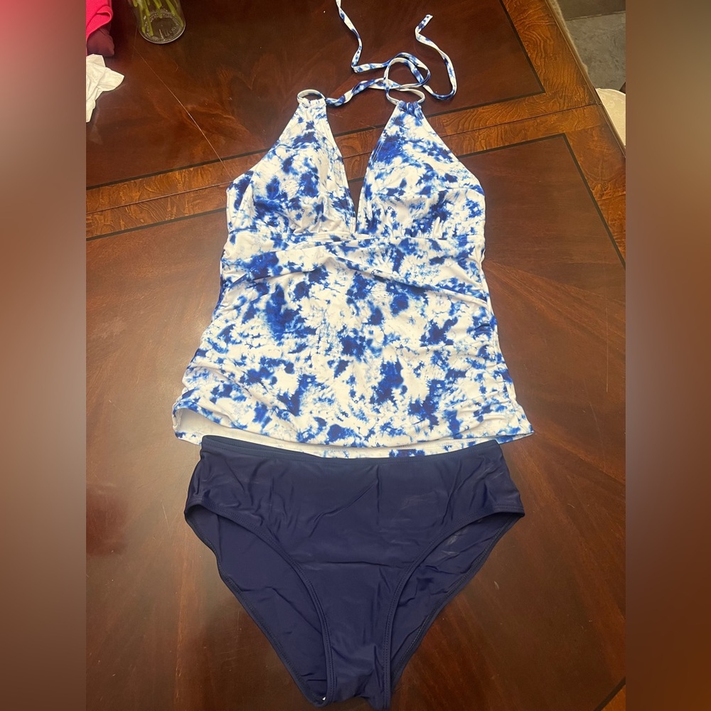 Tie Die Blue and White Tummy Control Halter Swimsuit Set